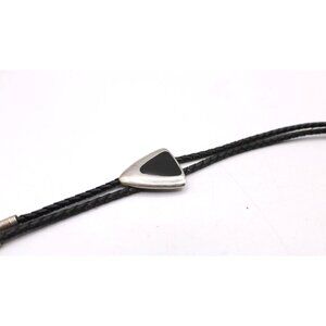 Vintage Black & Silver Bolo Tie Black Braided Leather Cord Silver Metal Tips Vtg